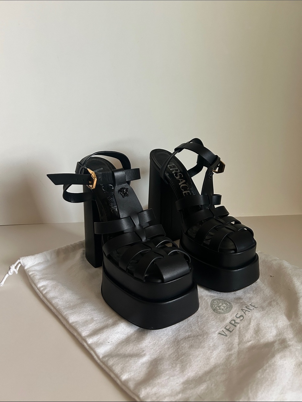 Versace Black Leather Cage Platform Sandals with Gold Buckle